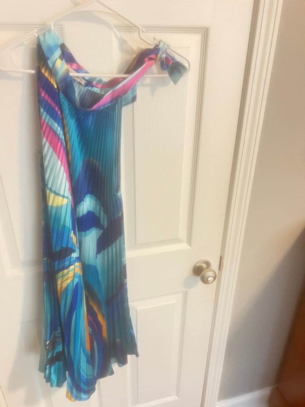 Moon River One-Shoulder Pleated Dress in Blue Multi